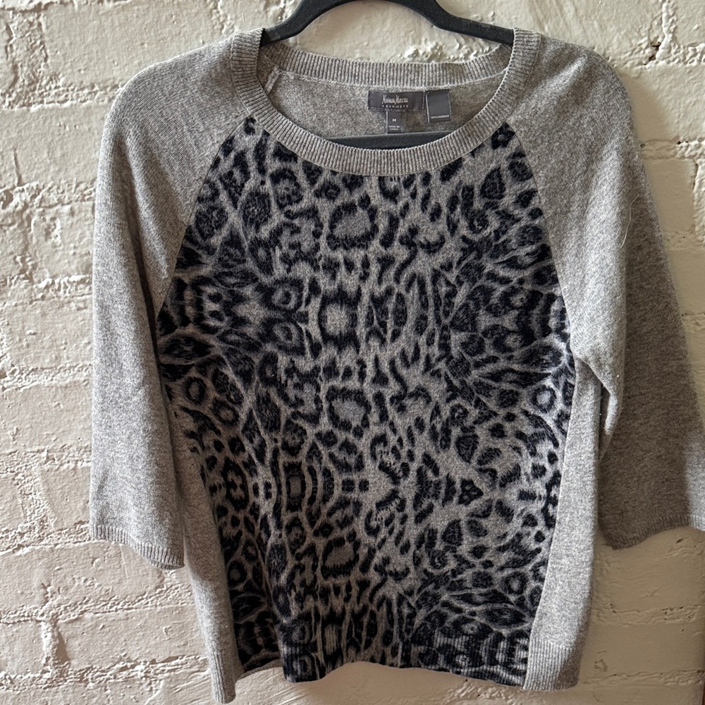 Neiman Marcus Gray Cashmere Leopard Print Sweater